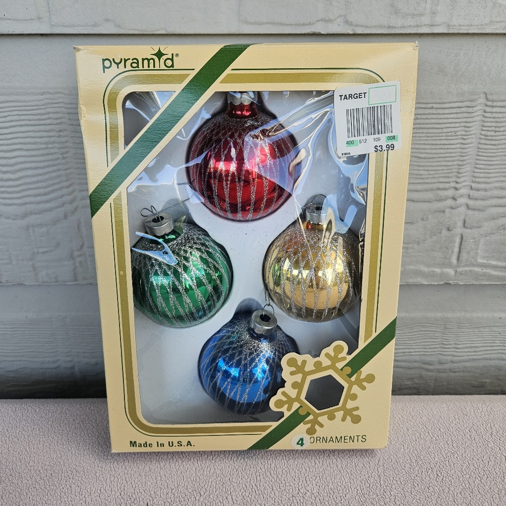 VTG Pyramid Christmas Ball Ornaments 2.5" Satin Sheen Red Gold Green Blue Set 4